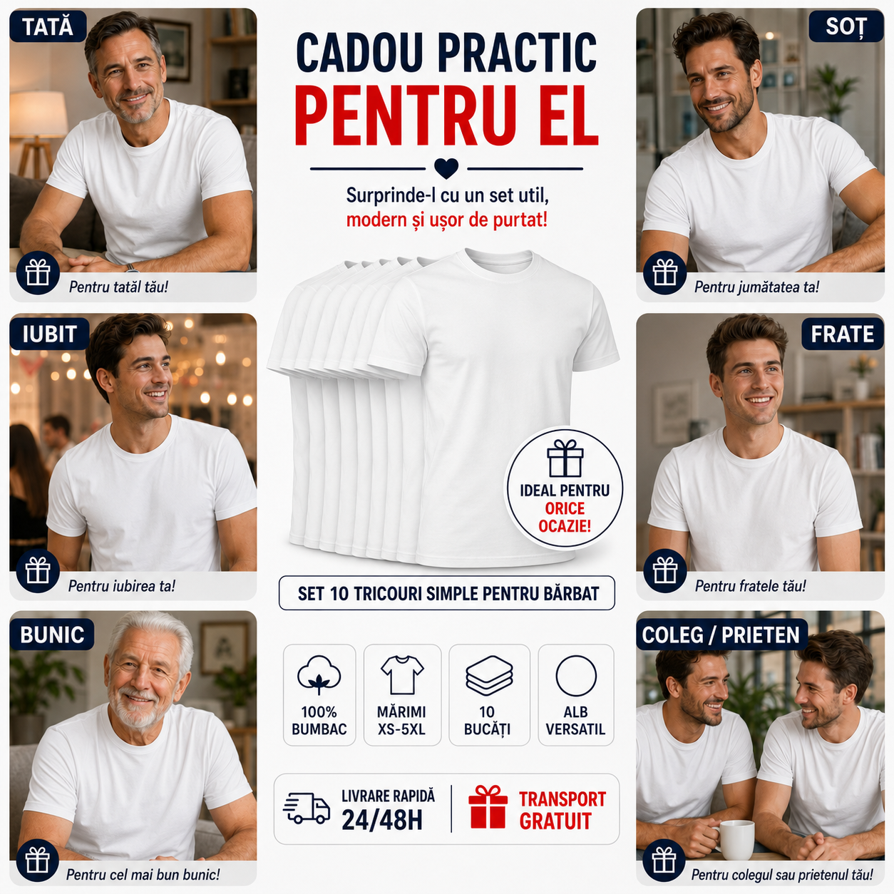 Set tricouri basic bărbați albe simple fără imprimeu